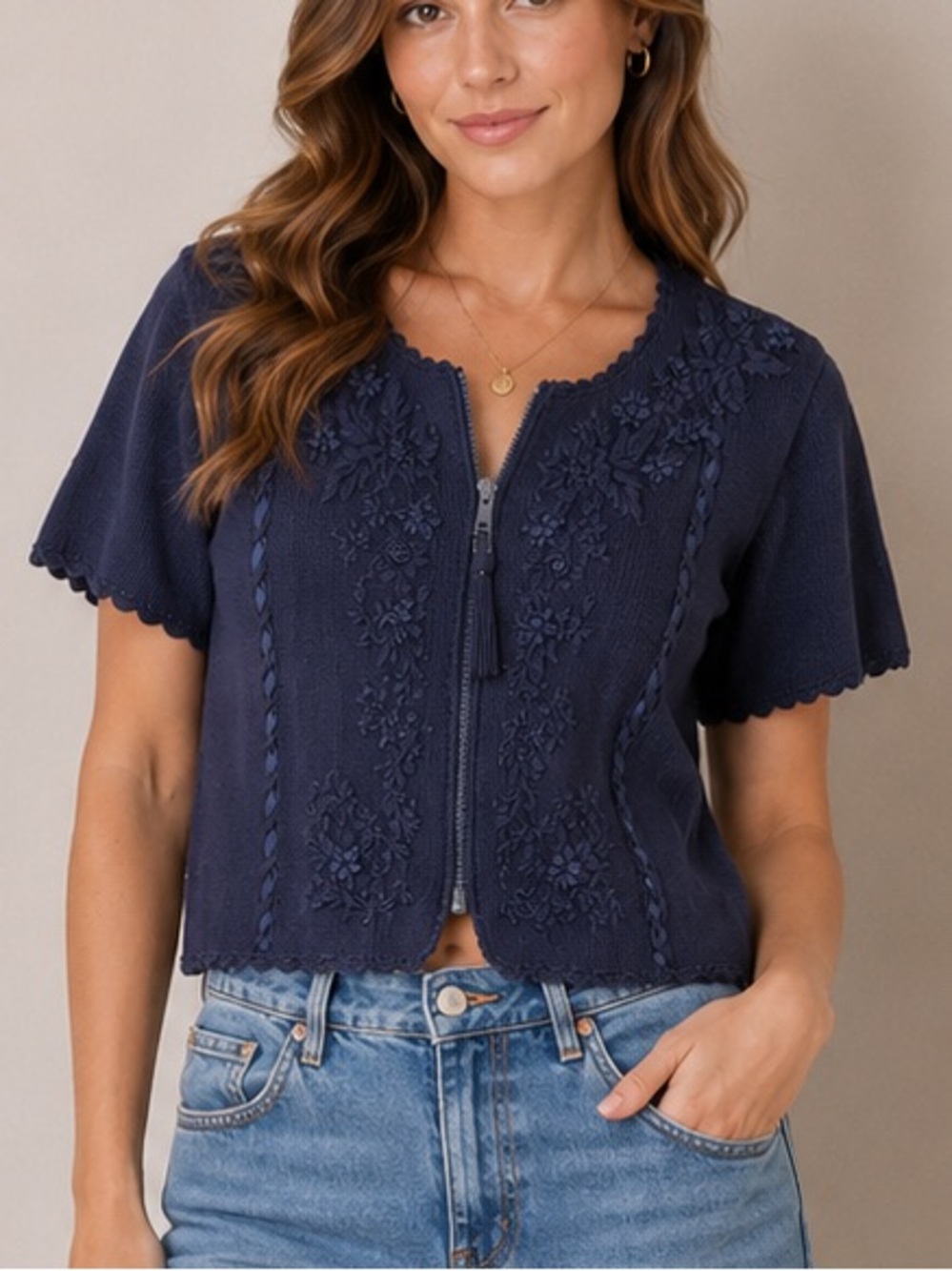 Worthington Vintage Floral Knit Zip Front Crop Top Blue Cottagecore Y2K Size M